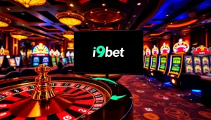 I9bet casino scene showcasing roulette, poker chips, and dynamic slot machines in a luxurious ambiance.