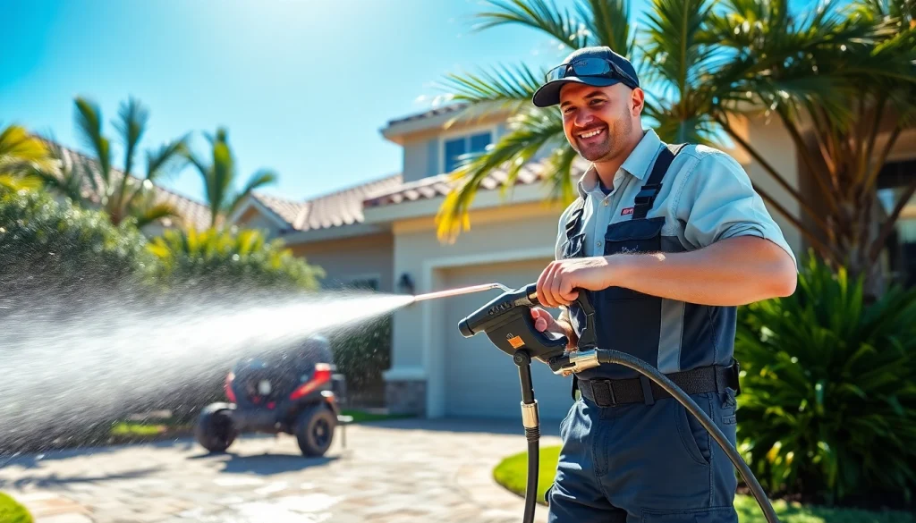 Pressure wash technician cleaning a driveway in Kissimmee, FL