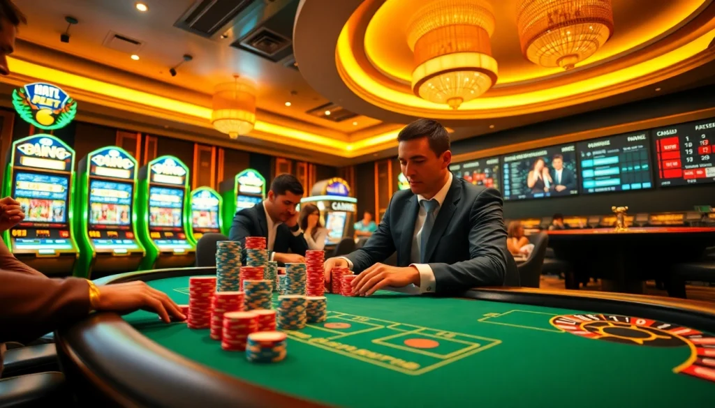 Experience the thrill of gaming at 188bet's vibrant casino with poker tables and live action.
