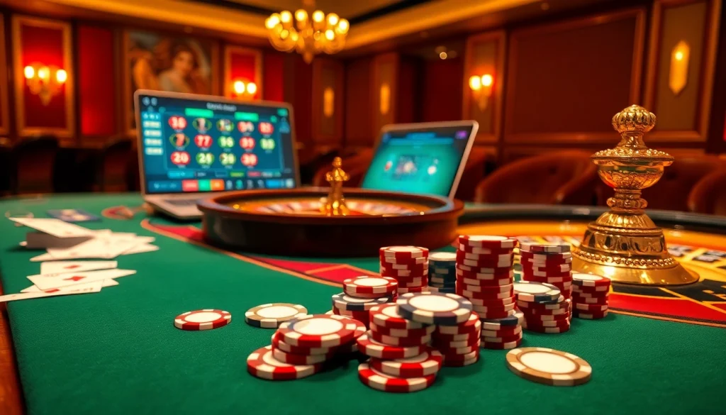 Exciting game at Nhà cái OK365 casino with poker chips and roulette wheel.