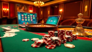 Exciting game at Nhà cái OK365 casino with poker chips and roulette wheel.