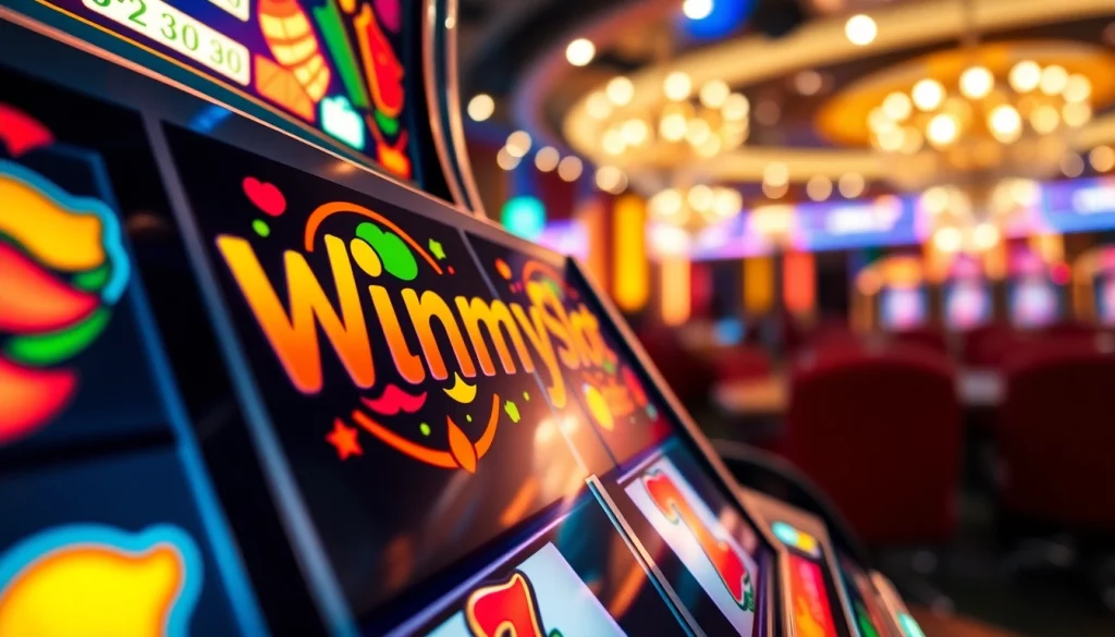 Engage with the winmy slot machine showcasing bright symbols and a vibrant casino atmosphere.