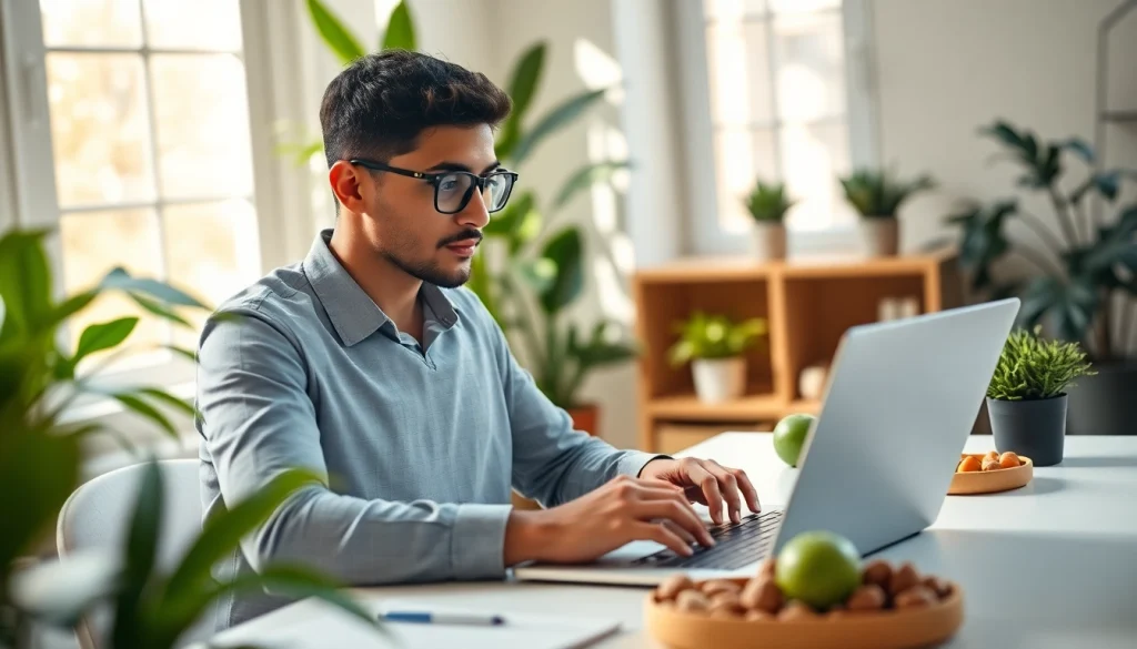 Engage with an interactive calorie calculator on a laptop amidst a healthy workspace.
