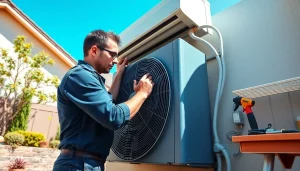 HVAC technician performing ac repair mesa az showcasing expertise in a serene garden setting.