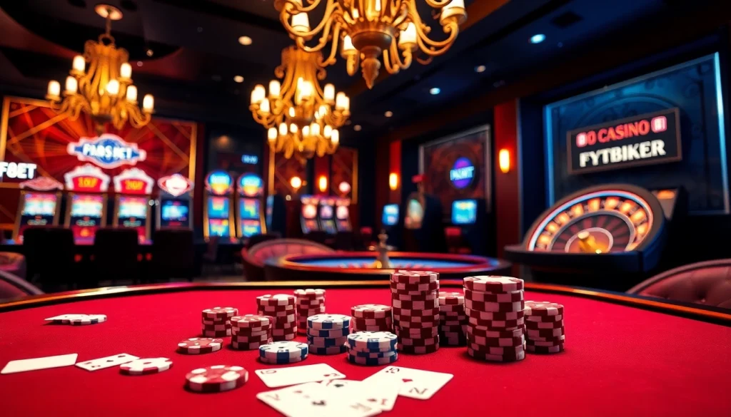 Experience the excitement of F88BET with a luxurious casino scene featuring tables, cards, and vibrant gaming elements.