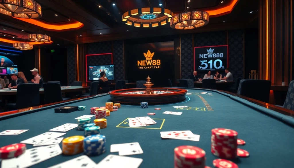 Engaging gambling scene featuring Nhà cái NEW88 with colorful chips and cards on a casino table.