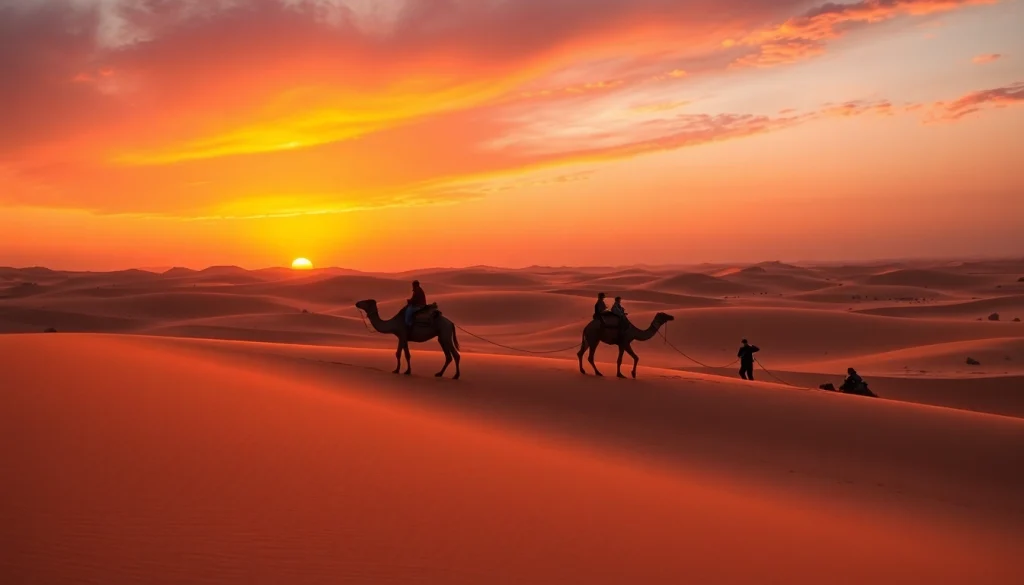 Agafay Desert camel ride at sunset, showcasing camels against a stunning sky.