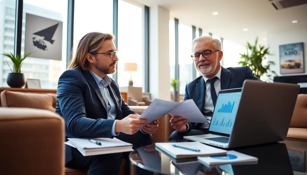 VAT Return Filing consultation between a financial expert and a client in a modern office.