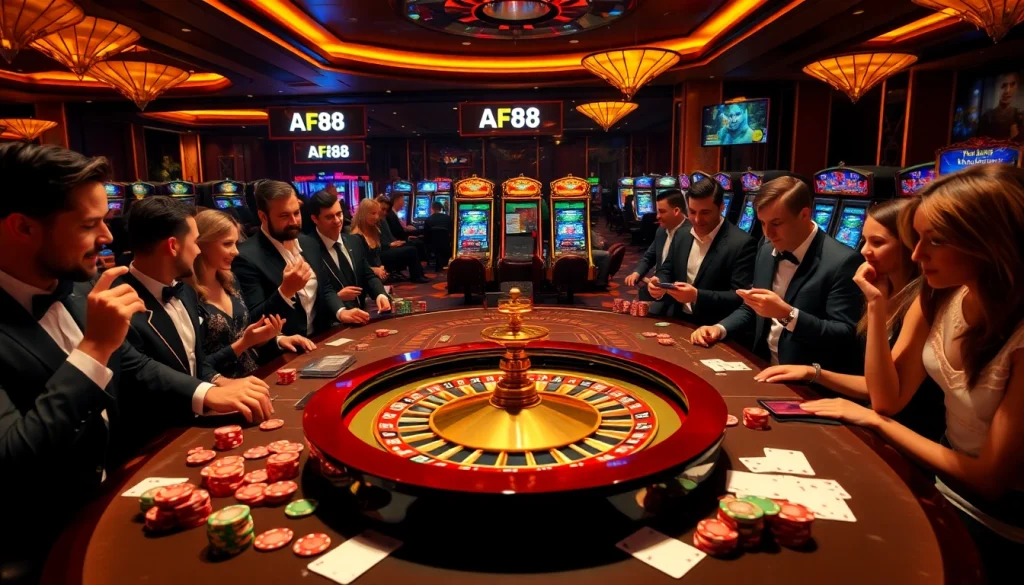 Experience thrilling gaming action at AF88 COM casino with vibrant poker chips, roulette, and excited players.