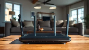Examine the features of a VPN router for home setup in a stylish living room.