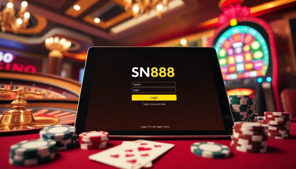 Engage with SN888 Login in a luxurious casino environment featuring vibrant gaming elements.