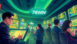 Engaging scene depicting online gambling with เจ้ามือรับแทง 78WIN, showcasing modern casino elements and players enjoying digital gaming.
