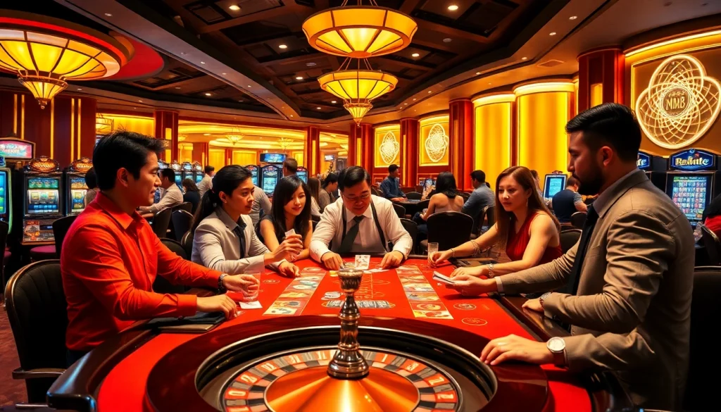 Thrilling MM 88 gaming action featuring diverse players at a vibrant casino table.