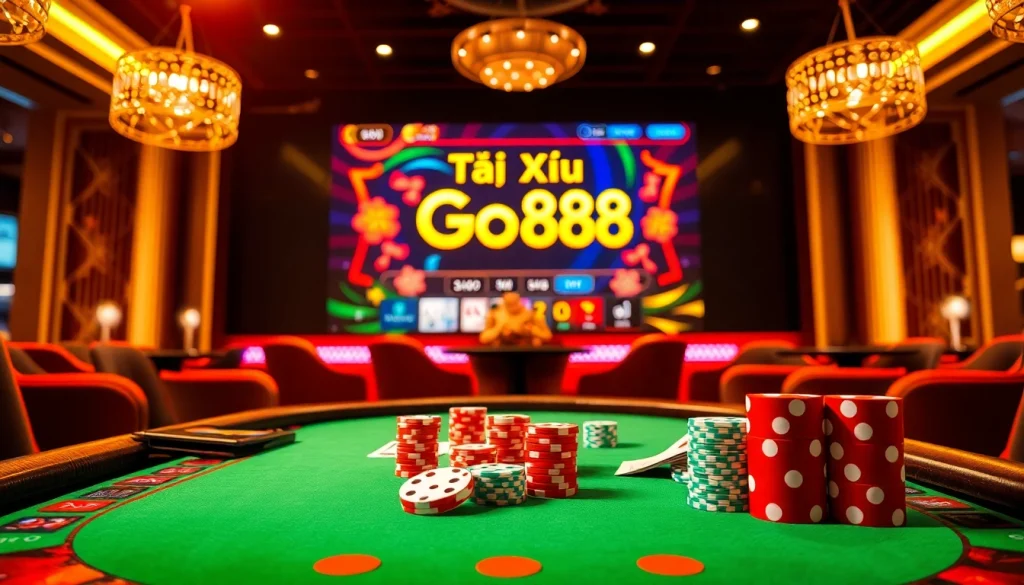 Tai Xỉu Go88 gameplay illustrating vibrant poker chips and playing cards on a casino table.