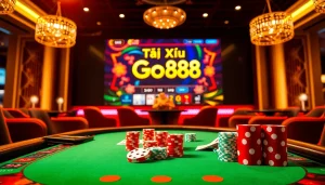 Tai Xỉu Go88 gameplay illustrating vibrant poker chips and playing cards on a casino table.