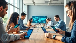 快连VPN users enjoying seamless connectivity in a modern workspace, showcasing diverse devices and a trustworthy atmosphere.