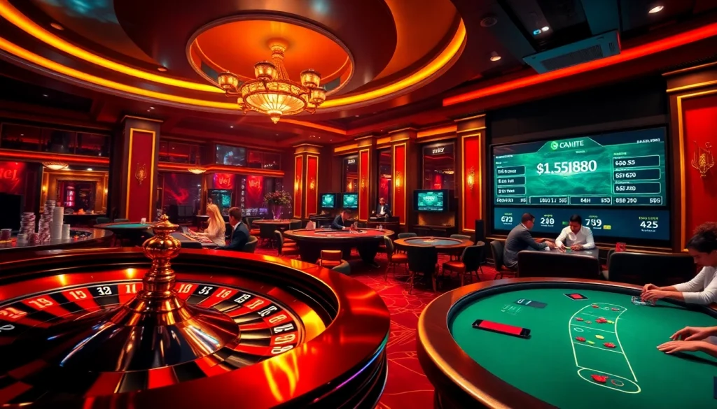 Experience the thrill of เจ้ามือรับแทง F168 in a luxurious casino scene featuring poker chips and a roulette wheel.