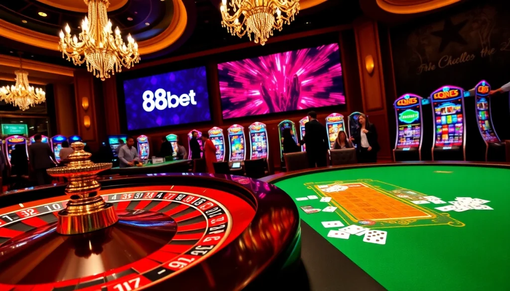Experience the thrill of gaming at 88bet with vibrant casino tables and exciting slot machines.