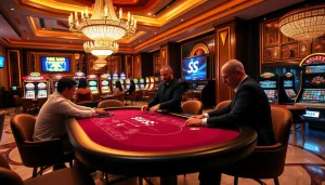 S8 casino scene with professional poker players, vibrant slot machines, and roulette wheels.