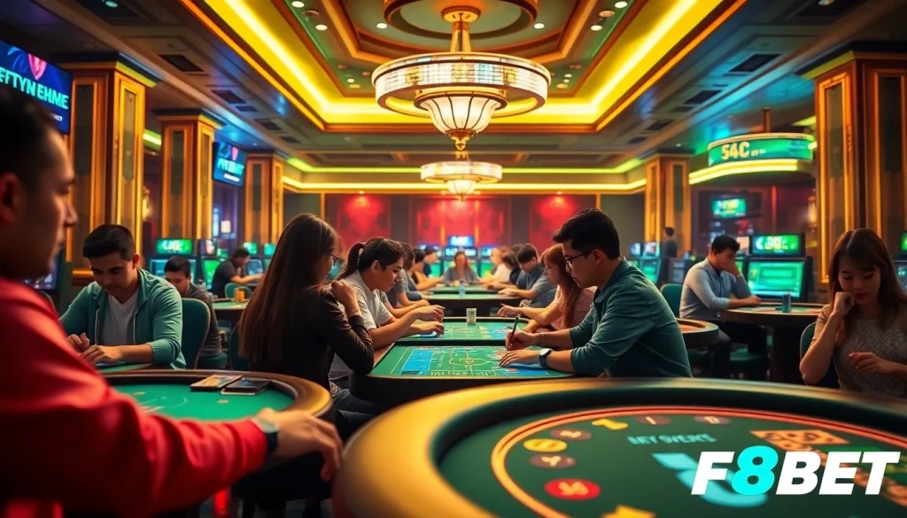 F8BET online gaming excitement in a luxurious casino setting with esports action.