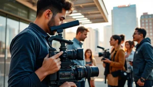 Capture the essence of a Video Production Company Phoenix with a dynamic team on set, showcasing creativity and collaboration.