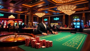 Exciting moments at the God55 casino featuring gambling tables, chips, and slot machines.