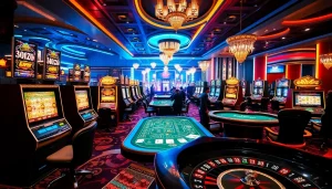 Experience the thrill of new66 with vibrant casino gaming, featuring tables, chips, and colorful machines.