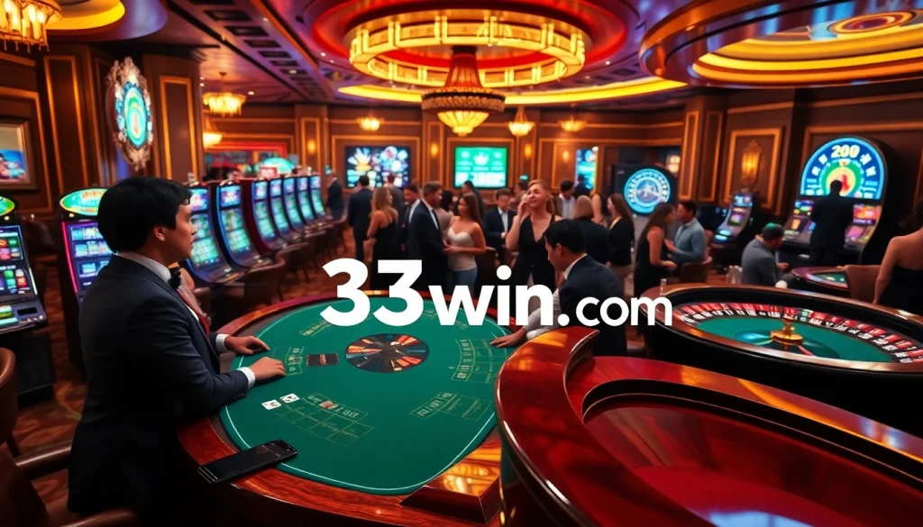 Exciting gameplay scene at 33win.com featuring blackjack, roulette, and vibrant slot machines.