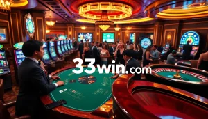 Exciting gameplay scene at 33win.com featuring blackjack, roulette, and vibrant slot machines.