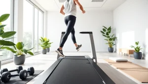 Home treadmill manufacturer showcasing a modern home gym with bright and inviting atmosphere.