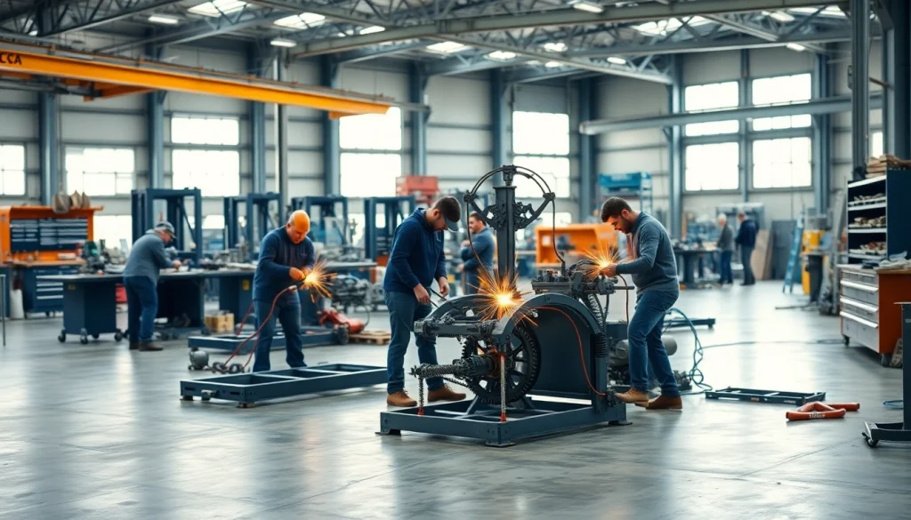 Workers collaborating in a steel fabrication shop to create metal structures.