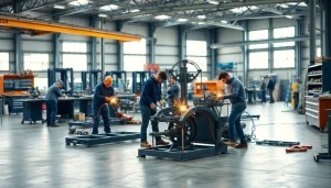 Workers collaborating in a steel fabrication shop to create metal structures.