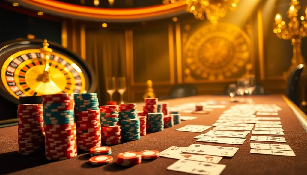 Bố trí trò poker đầy kích thích với các quân chip nhiều màu và lá bài, đại diện cho trải nghiệm chơi Bet VIP.