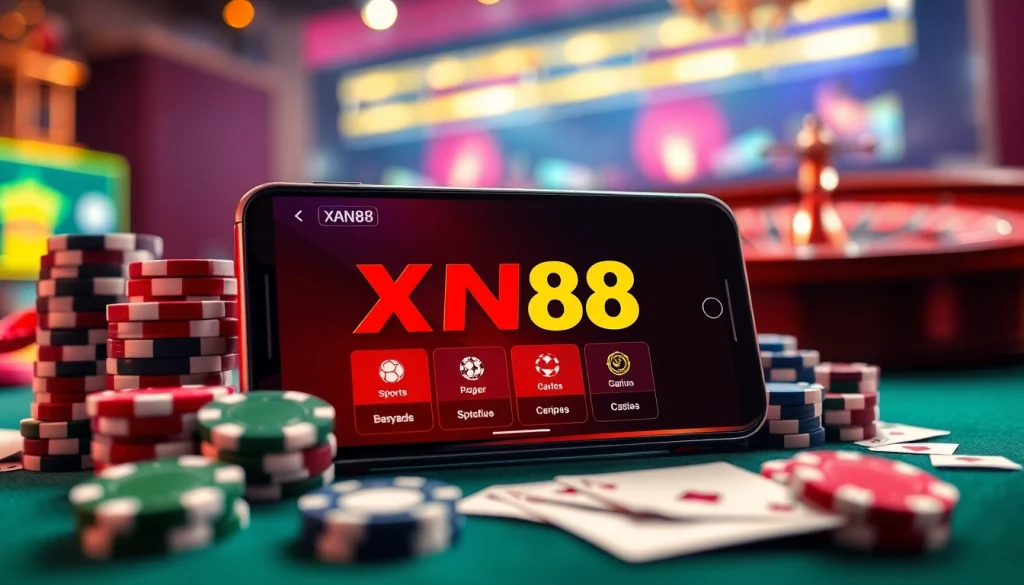 Tải App XN88 for mobile gaming, showcasing a vibrant casino experience with playing cards and chips.