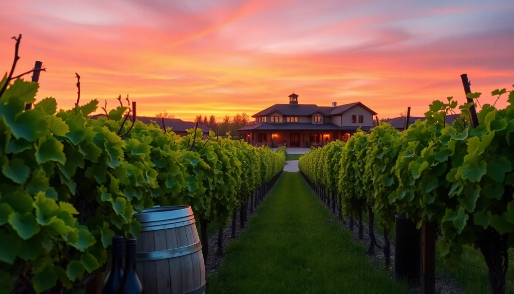 Visit clarksburg wineries surrounded by picturesque vineyards at sunset.
