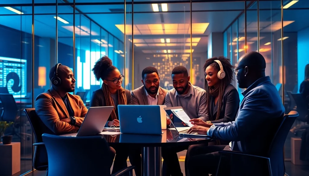 Dynamic scene of a hip hop PR firm team collaborating, showcasing creativity in public relations.