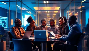 Dynamic scene of a hip hop PR firm team collaborating, showcasing creativity in public relations.