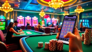 Players placing bets at a luxurious casino table with OKWIN app displayed on a smartphone.