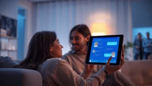 Couple engaging deeply with an AI chatbot in a serene, modern setting focused on sex AI.