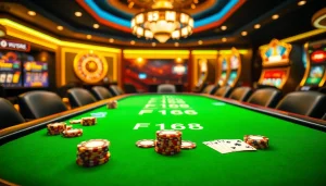 Engage with เจ้ามือรับแทง F168 at a stylish casino table with vibrant poker chips and cards.