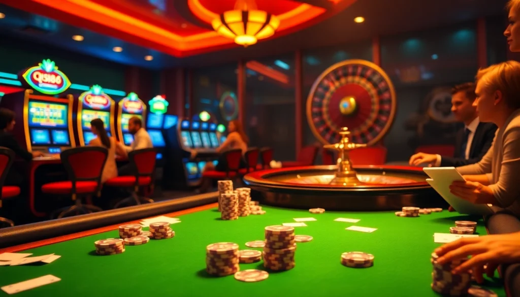Exciting Casino QH88 gaming scene with poker chips, cards, and a spinning roulette wheel.