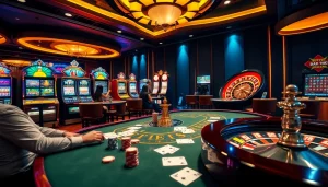 Players enjoy a thrilling poker game at https://3king.cn.com/, surrounded by vibrant slots and a dazzling roulette wheel.