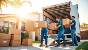 Moving Company San Diego team efficiently handling boxes outside a California home.