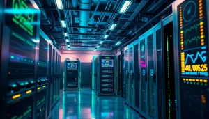 Advanced crypto mining app operations in a modern facility with real-time statistics.