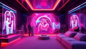 Visualize ai sex with futuristic digital companions in a neon-lit environment, blending technology and intimacy.