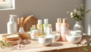 bästa K-beauty-produkten visas i en fridfull hudvårdsdisplay med K-Beauty-essentials och färska blommor