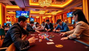 Tài xỉu go88 table scene with players engaged in lively betting action, showcasing excitement and professionalism.
