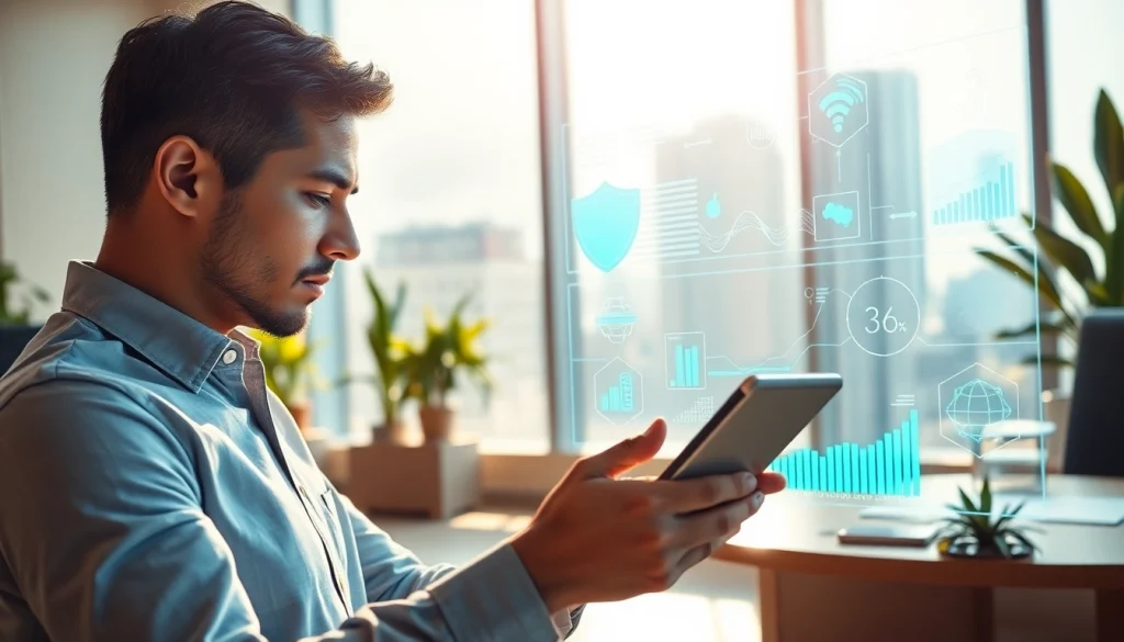 Interactive human interface with AI depicted through a modern professional using technology.