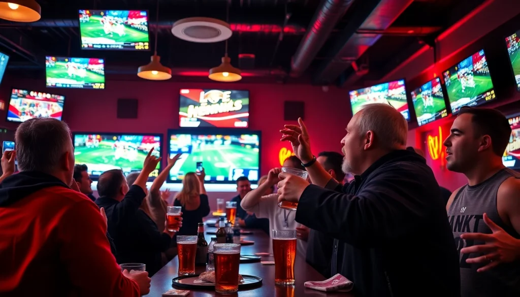 Sports betting Georgia enthusiasts celebrating in a lively sports bar atmosphere.