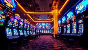 Exciting scene of online gambling with hoki138 pro slot machines illuminated in a vibrant casino.